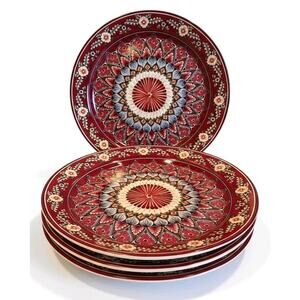 4 Pottery Barn Mezze Red Geometric Dinner Plates 10⅝" Mandala Floral Dining EUC